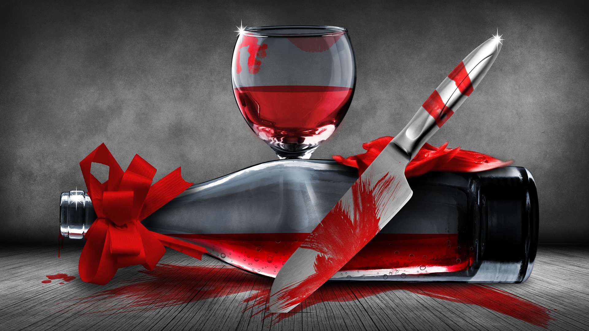 still life drawing of bloody knife and wine glass