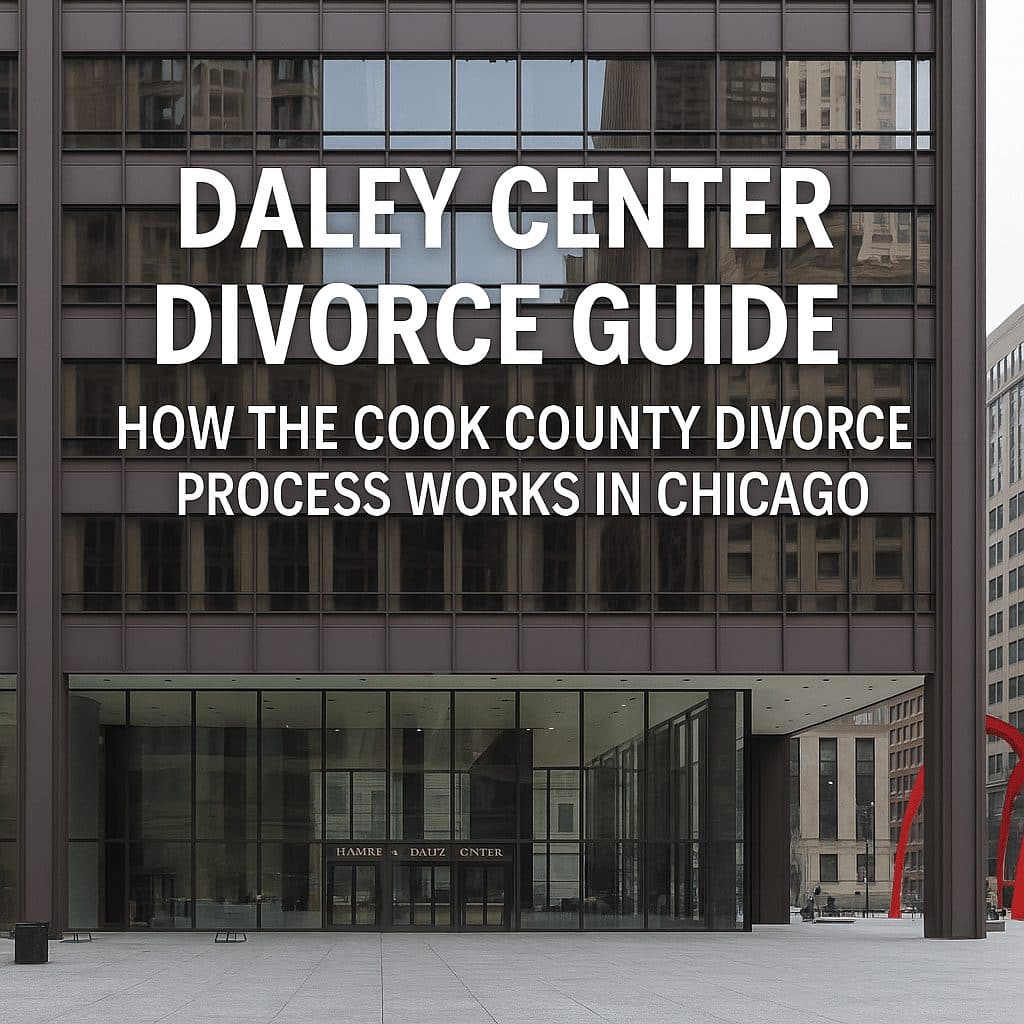 Picture of Richard J. Daley Center, Chicago. With words, "Daley Center Divorce Guide: How the Cook County Divorce Process Works in Chicago," written in white letters.