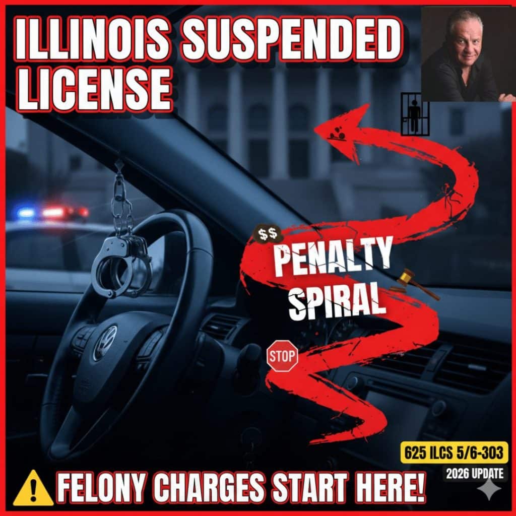 AI generated image showing a car interior, with red spiral, and words saying 'Illinois Suspended License.'