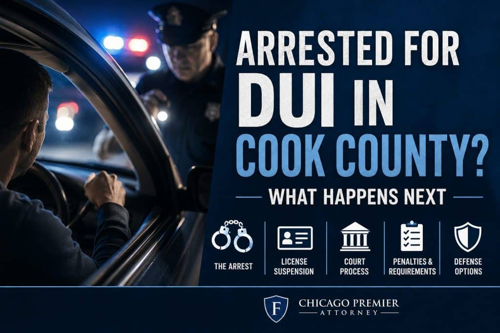 Arrested for DUI in Cook County graphic showing a nighttime traffic stop, police lights, and steps involving arrest, license suspension, court, penalties, and defense options.