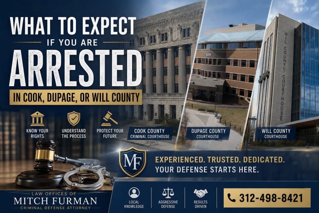 Professional legal blog banner featuring the Cook County Criminal Courthouse, DuPage County Courthouse, and Will County Courthouse with the headline "What to Expect If You Are Arrested in Cook, DuPage, or Will County." The image includes a judge's gavel, handcuffs, legal icons, and branding for the Law Offices of Mitch Furman, emphasizing criminal defense representation throughout Cook, DuPage, and Will Counties in Illinois.