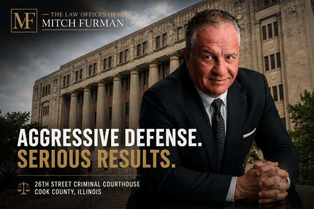 Attorney Mitch Furman in a dark business suit standing before the Cook County Criminal Courthouse at 26th Street in Chicago, highlighting aggressive criminal defense representation for serious felony and criminal charges.